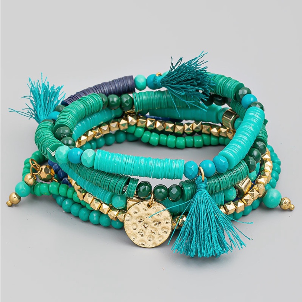 Turquoise stackable beaded tassel bracelet